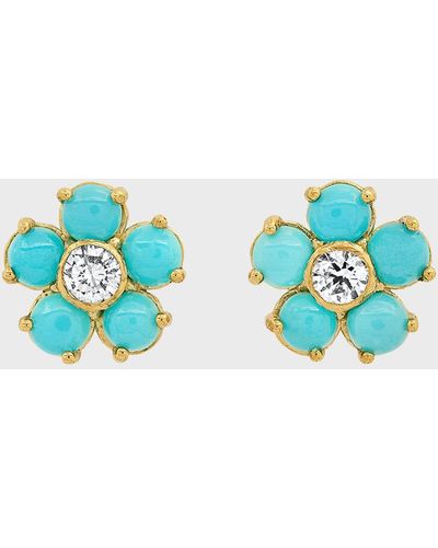 Jennifer Meyer Large Diamond Center Flower Stud Earrings With Turquoise - Blue