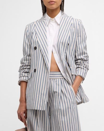 Brunello Cucinelli Striped Wrinkled Poplin Double-breasted Blazer Jacket - Gray