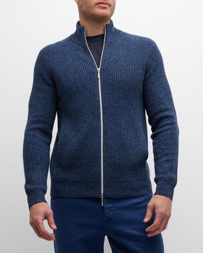 Neiman Marcus Cashmere Ribbed Full-zip Sweater - Blue