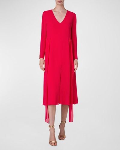 Akris Waist-Tie Long-Sleeve Slit-Hem Chiffon Midi Dress - Red