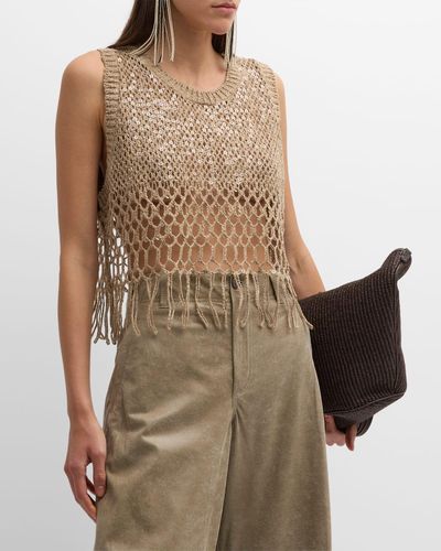 Brunello Cucinelli Linen-silk Degrade Paillette Opera Knit Crop Tank Top With Fringe - Brown