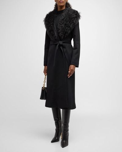 Fleurette Skylar Belted Wool Wrap Coat With Mohair Blend Trim - Black