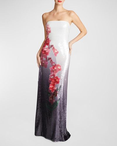 Halston Spencer Strapless Floral-print Sequin Gown - Red