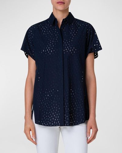 Akris Punto Lasercut Grid Cotton Poplin Collared Shirt - Blue