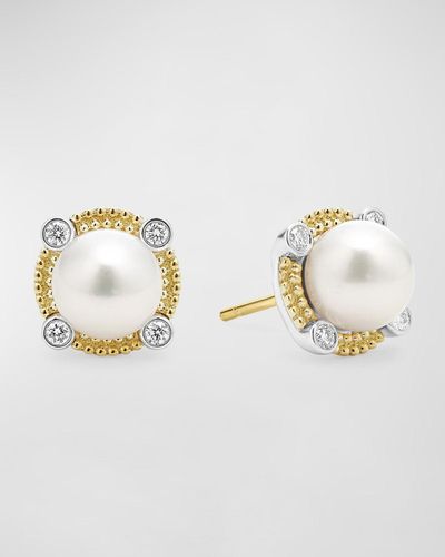 Lagos Sterling And 18K Luna Pearl Lux With Diamond Stud Earrings - Metallic