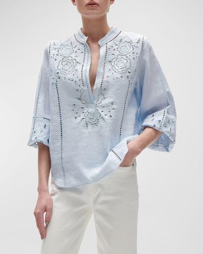 Figue Rylie Broderie Anglaise Long-Sleeve Linen Top - Blue