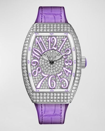 Franck Muller Lady Vanguard Diamond Watch W/ Alligator Strap, Purple - Gray
