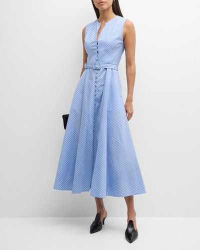 Evi Grintela Carine Belted Striped Cotton Midi Dress - Blue