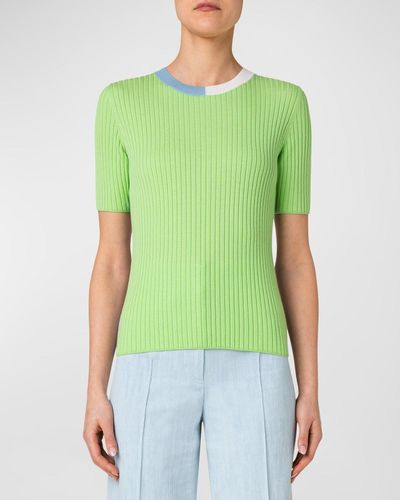 Akris Punto Colorblock Ribbed Knit Wool Top - Green