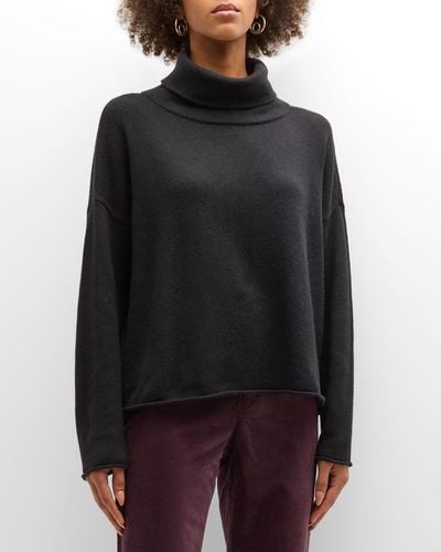 Eileen Fisher Ribbed Turtleneck Cashmere-Silk Sweater - Black