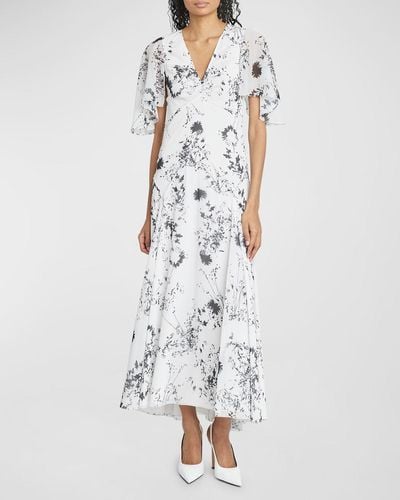 Victoria Beckham Floral-print Flutter-sleeve Godet Maxi Dress - White