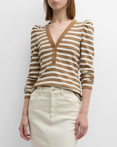 Veronica Beard Delkab Striped Knit Puff-Sleeve Top - Natural