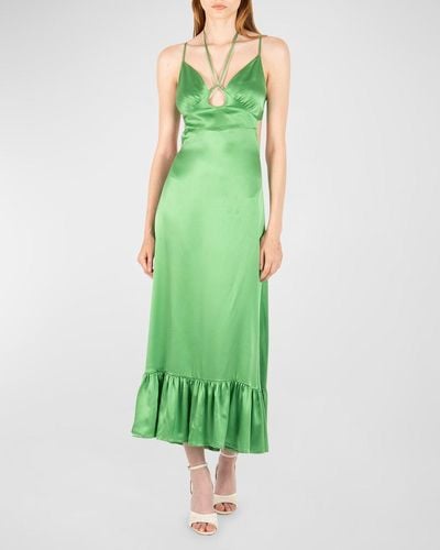 SECRET MISSION Kathleen Silk Tie Keyhole Maxi Dress - Green