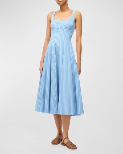 STAUD Wells Pinstripe Cotton Poplin Sleeveless Midi Dress - Blue