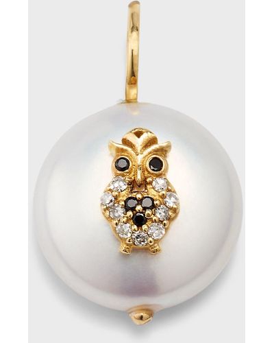 Kastel Jewelry 14k Diamond Owl Freshwater Flat Pearl Pendant - White