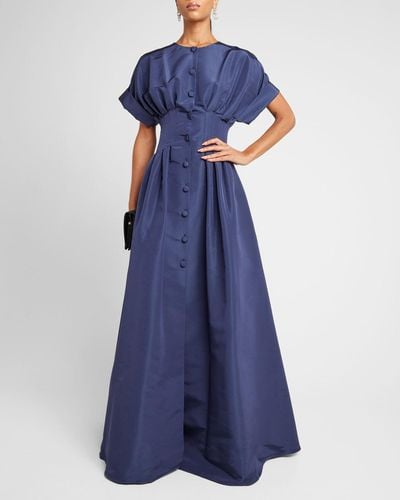 Carolina Herrera Corset-Waist Short-Sleeve Button-Front Gown - Blue