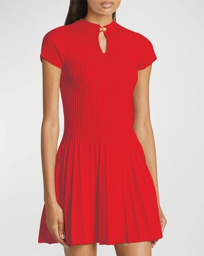 Balmain Cap-Sleeve Pleated Knit Fit-&-Flare Mini Dress - Red