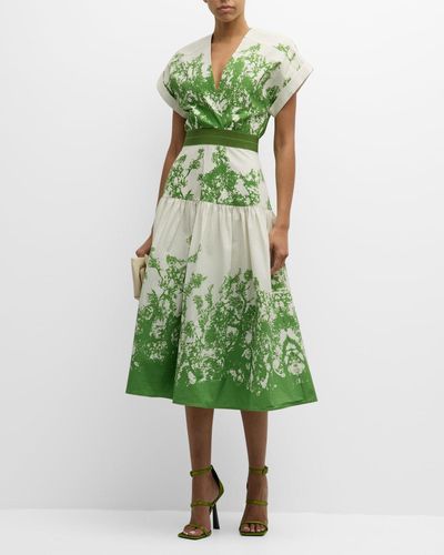 Silvia Tcherassi Metaponto Printed Cutout Flounce Midi Dress - Green