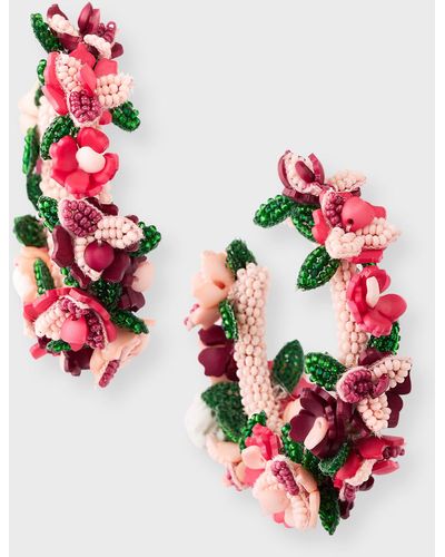 Oscar de la Renta Flower Cluster Hoop Earrings - Red