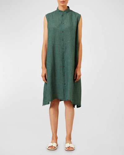 Eskandar A-Line Collarless Sleeveless Shirt Dress - Green