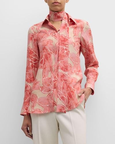 Kiton Floral-Print Long-Sleeve Neck-Scarf Silk Blouse - Red