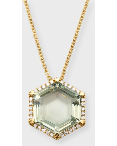 Lisa Nik 18k Yellow Gold Hexagon Green Quartz Pendant Necklace With Diamonds - Metallic