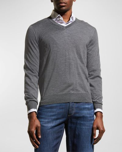 Brunello Cucinelli Fine-Gauge Tipped V-Neck Sweater - Gray