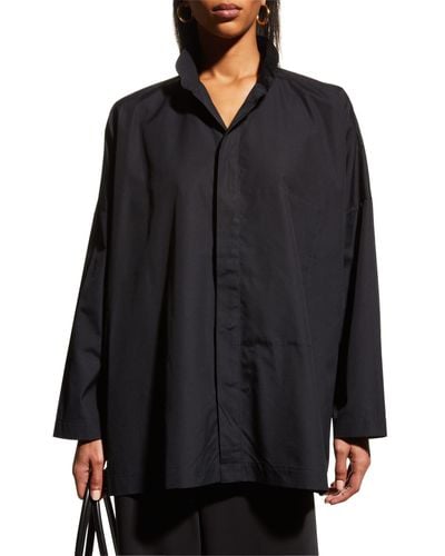 Eskandar Wide Double Stand Collar Shirt - Black