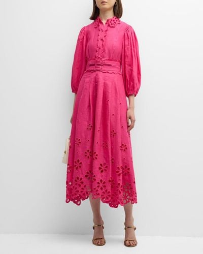 Maison Common Belted Linen Midi Dress With Floral Cutout Detail - Pink
