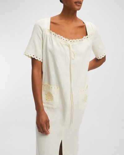 Sleeper Sofia Scalloped Embroidered Linen Midi Dress - White