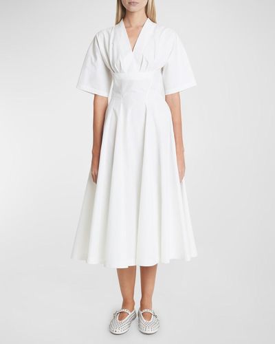 Alaïa V-Neck Short-Sleeve Fit-&-Flare Poplin Midi Dress - White