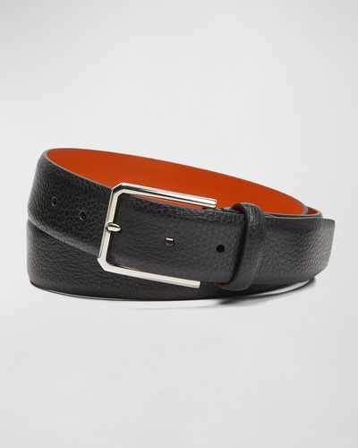 Santoni Rectangle Buckle Grained Leather Belt - Black
