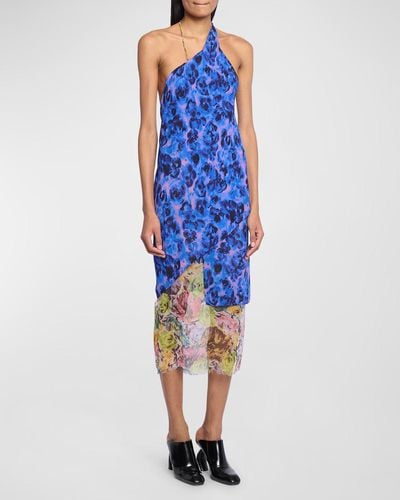 Dries Van Noten Drill One-shoulder Layered Floral-print Midi Dress - Blue