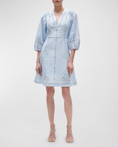 Figue Verna Lattice Embroidered 3/4-Sleeve Linen Mini Dress - Blue