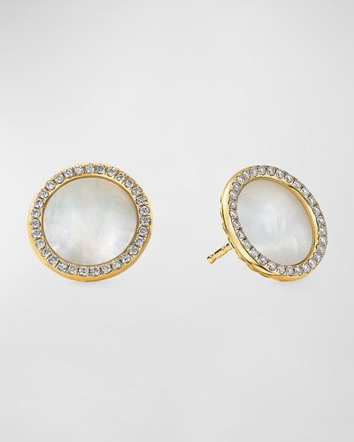 David Yurman Dy Elements Button Earrings In 18k Yellow Gold With Mother-of-pearl & Pave Diamonds - Blue
