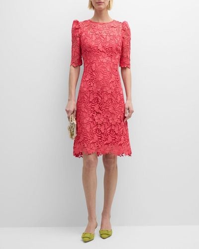Teri Jon Puff-Shoulder Floral Lace Midi Dress - Red