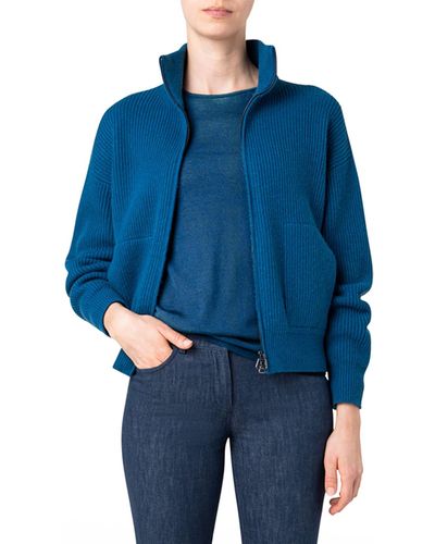 Akris Short Stand-Collar Zip-Front Cashmere Cardigan - Blue