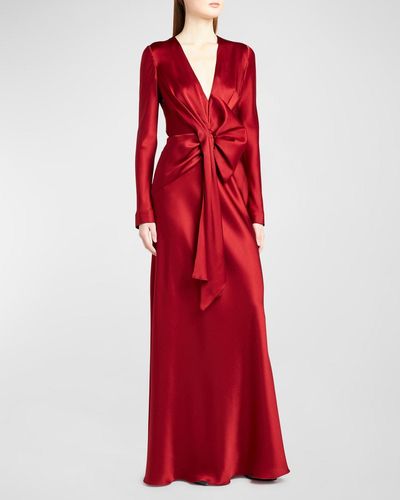 Alberta Ferretti Draped Bow Long-Sleeve Satin Gown - Red
