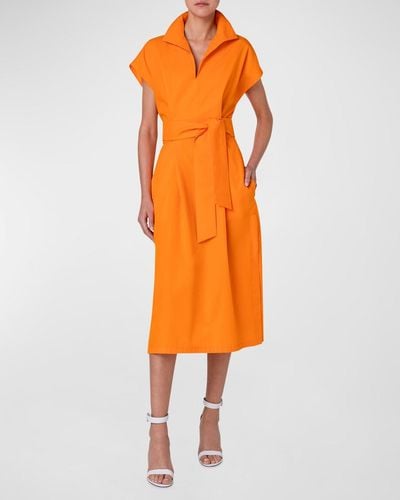Akris Cap-Sleeve Waist-Sash Cotton Silk Midi Shirtdress - Orange