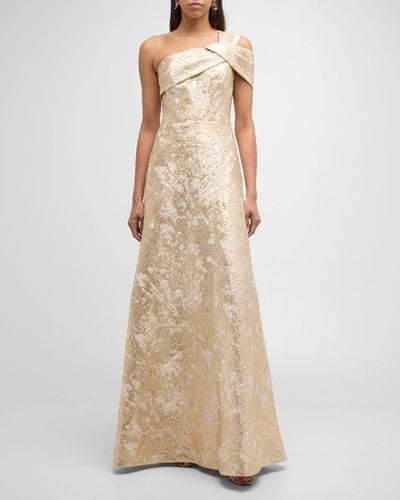 Teri Jon One-Shoulder Metallic Jacquard A-Line Gown - Natural