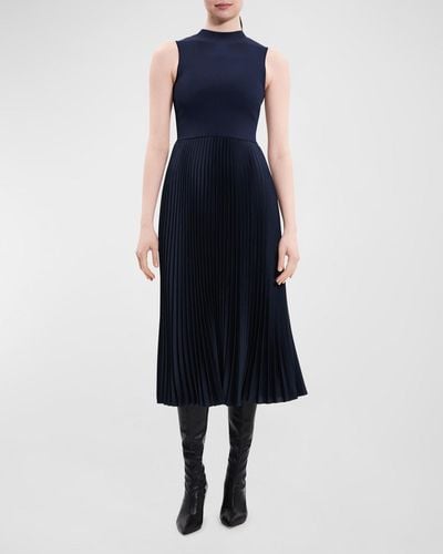 Theory Sleeveless Satin Pleated Combo Midi Dress - Blue