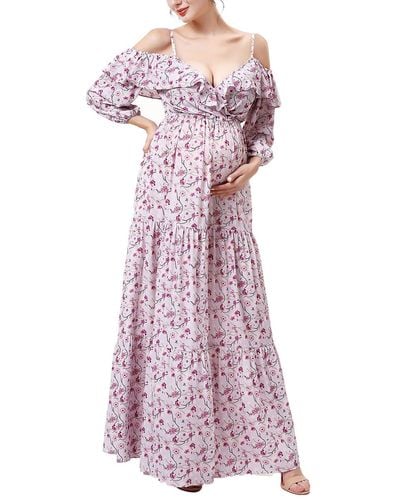 Kimi + Kai Maternity Raina Floral-Print Cold-Shoulder Maxi Dress - Purple
