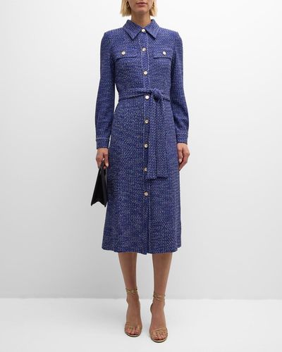 Misook Belted Button-Down Tweed Knit Midi Dress - Blue