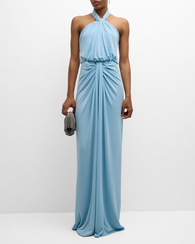 Cinq À Sept Kaily Backless Draped Halter Gown - Blue