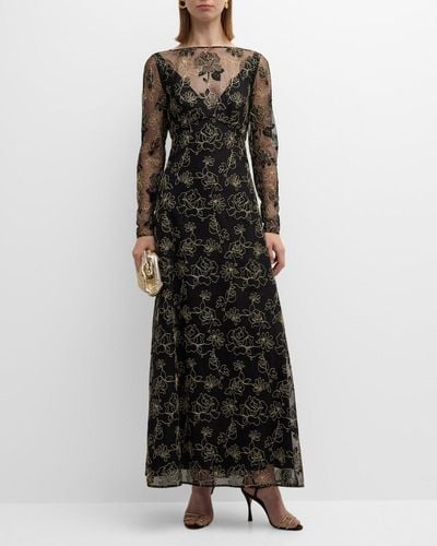 Lela Rose Embroidered Lace Long-Sleeve Illusion Maxi Dress - Black