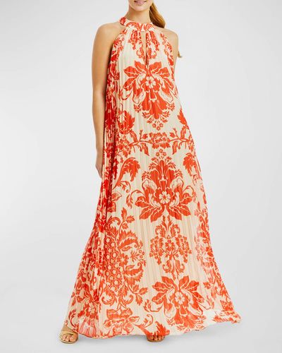 mestiza Almeria Pleated Floral-Print Halter Gown - Orange