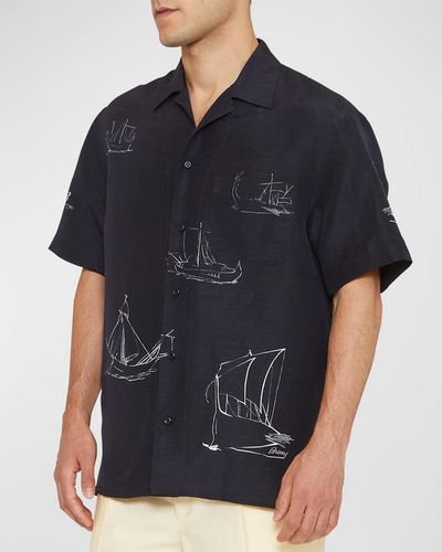 Brioni Sail-Print Cotton Camp Shirt - Black