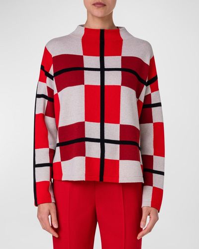 Akris Punto Xl Cube Check Funnel-Neck Wool-Cashmere Sweater - Red