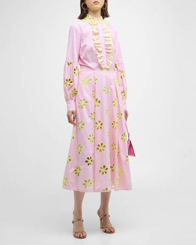 Maison Common Embroidered Cotton Stripe Cutout Midi Dress With Detachable Bib - Pink