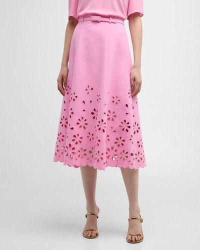 Maison Common Floral-Cutout Belted A-Line Midi Skirt - Pink
